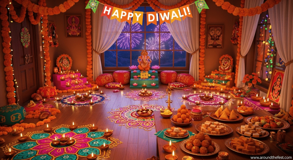 Ultra-realistic illustration of Main Diwali Day with glowing diyas, rangoli, marigold decorations, Lakshmi Puja altar, Lord Ganesha elements, fireworks, and festive foods, symbolizing light, prosperity, and joy."