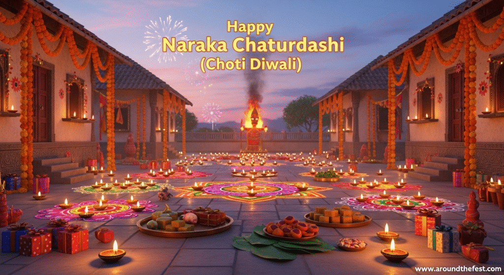 "Ultra-realistic illustration of Naraka Chaturdashi with early morning rituals, herbal oil lamps, rangoli, diyas, sweets, gifts, and symbolic effigy burning, symbolizing purification and preparation for Diwali."