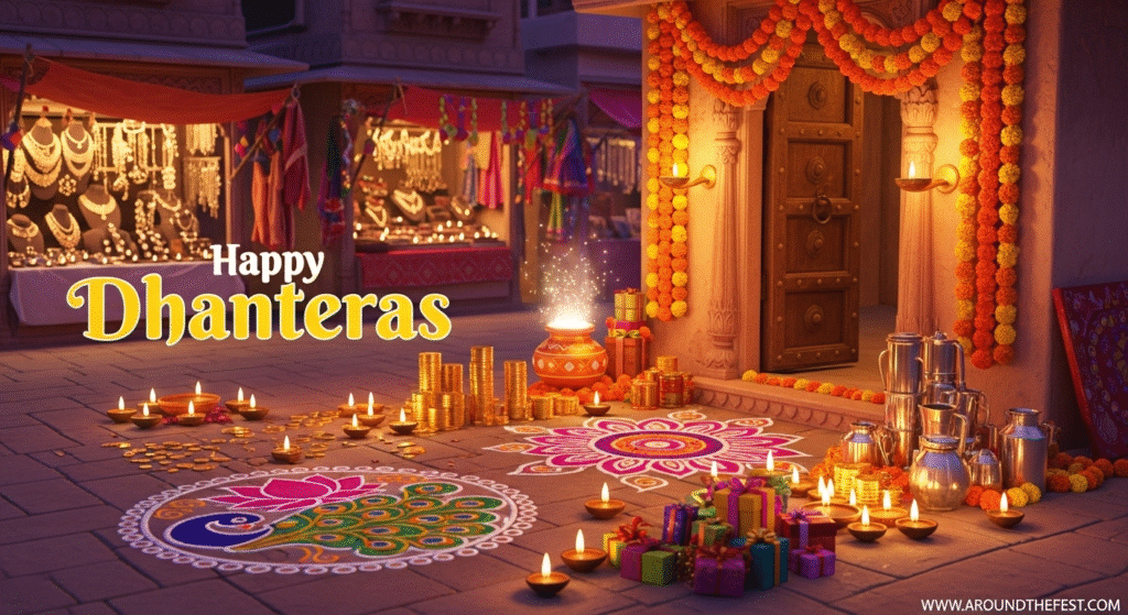 "Ultra-realistic illustration of Dhanteras with glowing diyas, rangoli, marigold decorations, gold and silver items, symbolizing wealth, wellness, and positive energy."