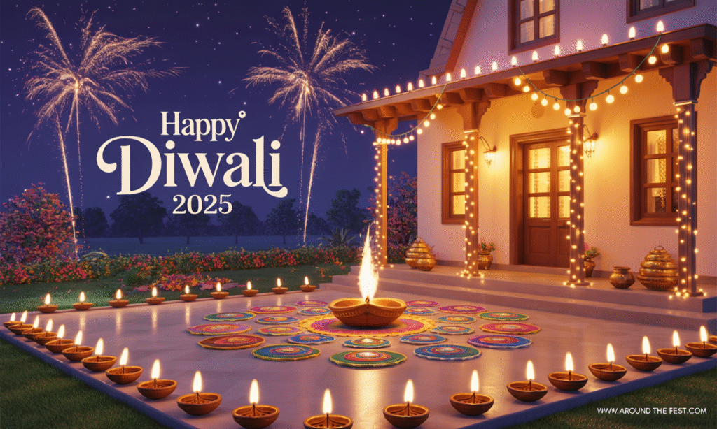 “Beautiful Choti Diwali 2025 banner with glowing diyas, vibrant rangoli, and fireworks celebrating the festival of lights.”