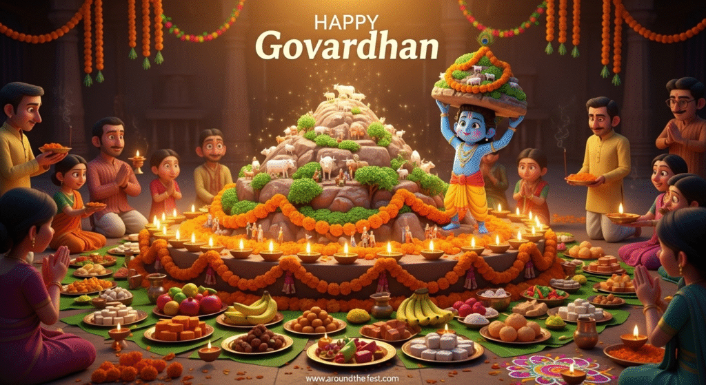 Ultra-realistic illustration of Govardhan Puja with a symbolic Govardhan Hill, glowing diyas, marigold garlands, and offerings, representing devotion, gratitude, and spiritual celebration."