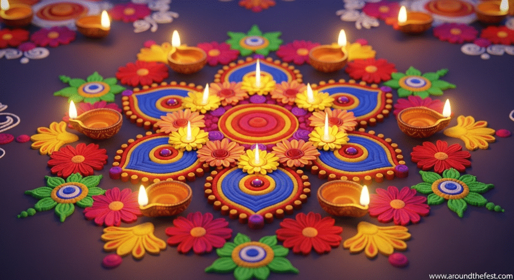 Ultra-realistic illustration of a vibrant Diwali rangoli at a home entrance with diyas, flower petals, and marigold decorations, symbolizing luck, welcome, and festive artistry."