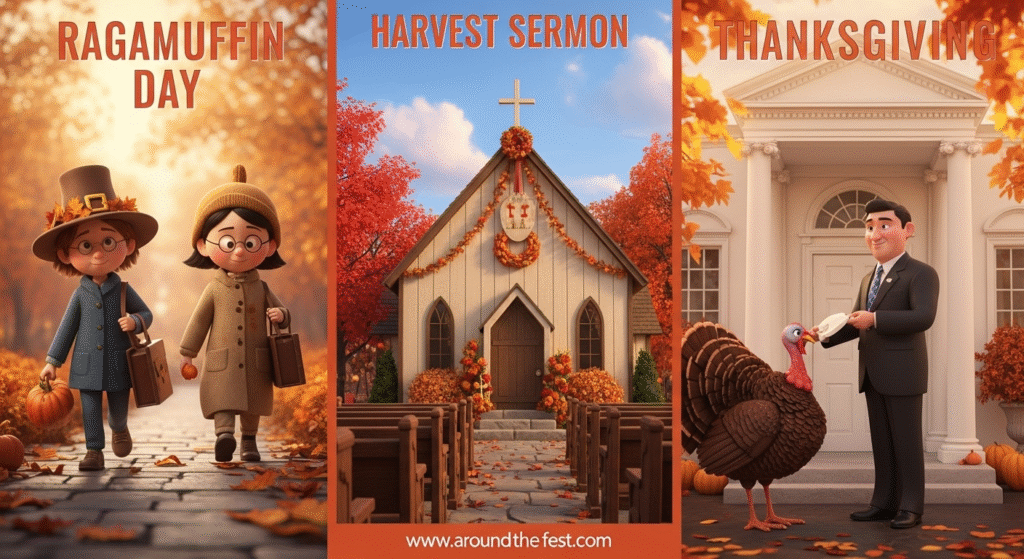 Forgotten Thanksgiving traditions: Ragamuffin Day children, Harvest Sermon at a church, and a Presidential Turkey Pardon, showcasing historical American customs.”