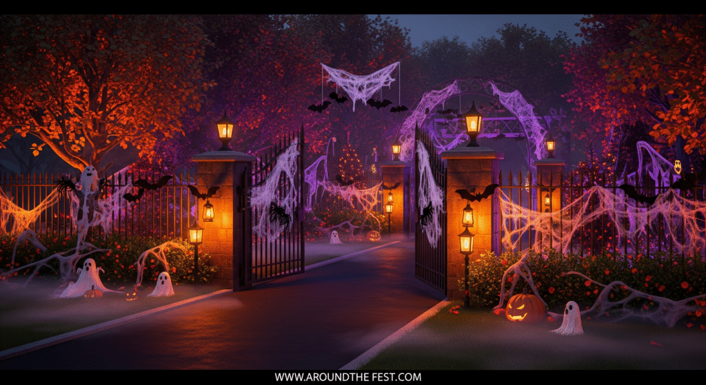  haunted arches and decorative fences with spider webs, lanterns, and fog creating an immersive spooky yard display.”