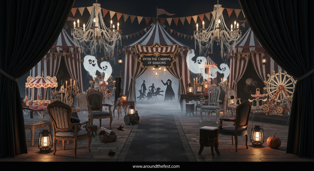 “Haunted Carnival and Victorian Gothic Halloween 2025 setup with striped tents, mini rides, cobwebbed chandeliers, shadow projections, and spooky Halloween quote.”