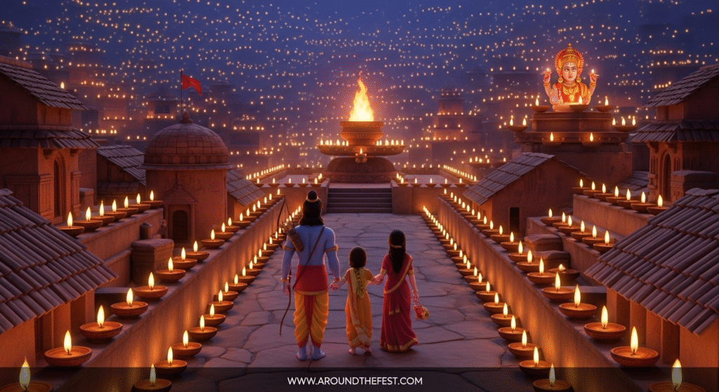 “Historical and mythological origins of Diwali diyas, showing Lord Rama’s return to Ayodhya with streets lit by thousands of lamps, alongside Vedic fire worship of Agni symbolizing light, purity, and spiritual awakening.”
