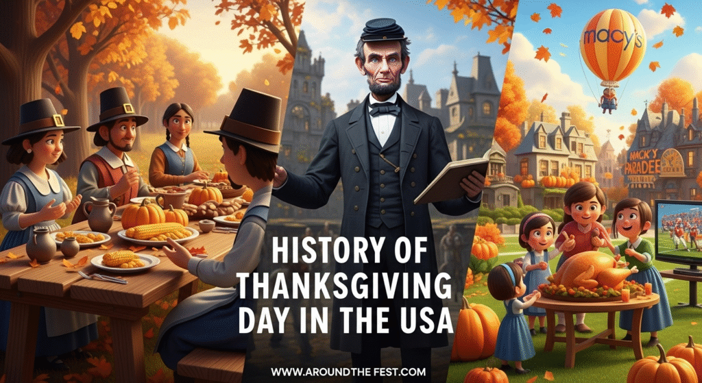 "Historical evolution of Thanksgiving in the USA – from the 1621 Pilgrim and Wampanoag feast, to Lincoln’s 1863 proclamation, to today’s modern family celebrations with parades and football."