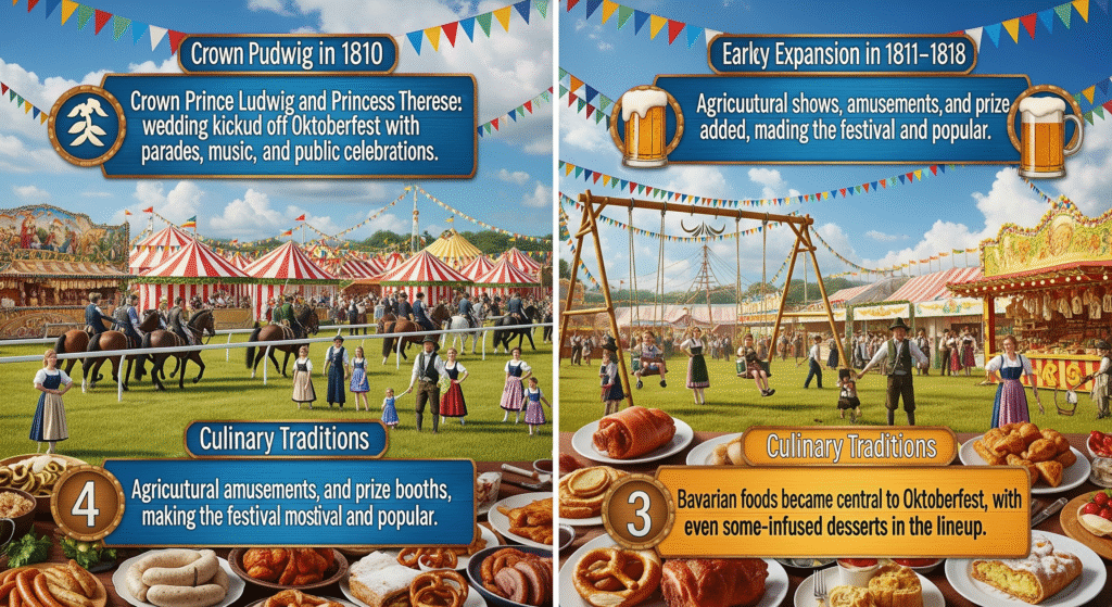 “Simplified infographic of Oktoberfest history and origin in the 19th century, showing royal wedding of Crown Prince Ludwig and Princess Therese, early horse races, agricultural shows, carnival rides, Bavarian foods, cultural symbols, and evolution to modern festival tents.”
