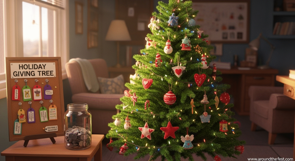 A cozy classroom or office space decorated with a single themed Christmas tree adorned with handmade ornaments and heartfelt decorations. Beside the tree sits a donation jar, toy drive bin, or Holiday Giving Tree board with tags. The intimate setting highlights grassroots holiday giving, inviting individuals to create impact through small, personal acts of kindness and community spirit. 