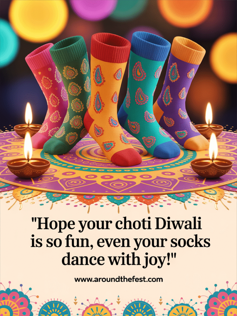 Dancing socks in a colorful festive floor – “Hope your Choti Diwali is so fun, even your socks dance with joy!”