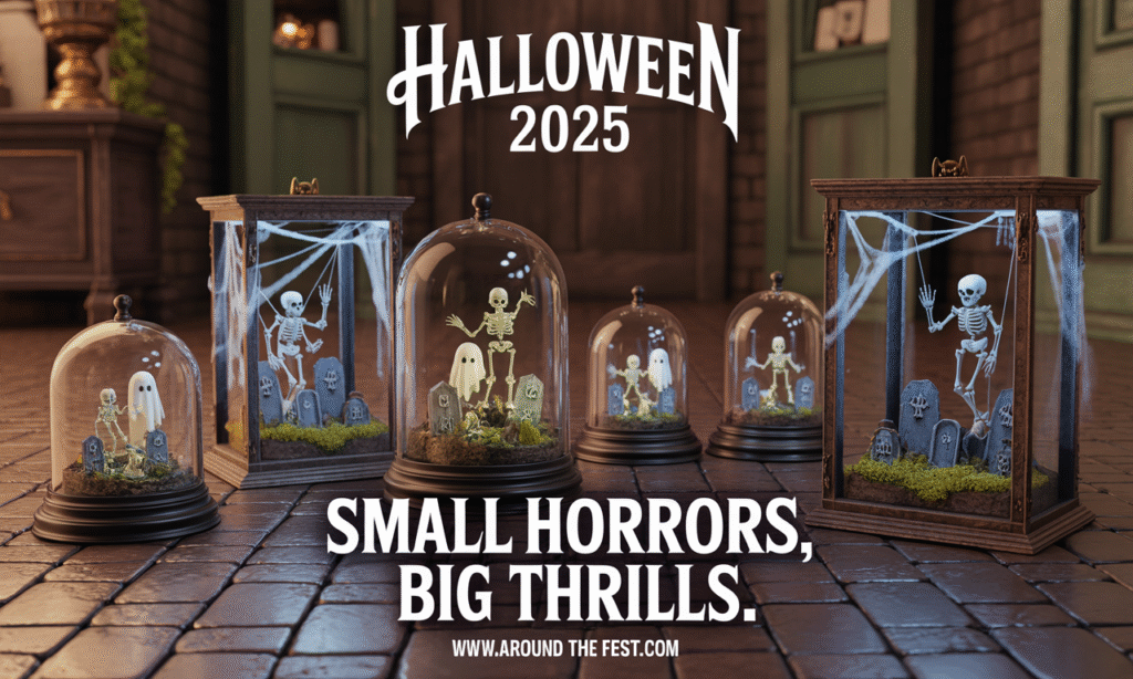 Halloween 2025 mini horror dioramas in glass cloches and shadow boxes with glow-in-the-dark figurines and eerie décor for hallways.”
