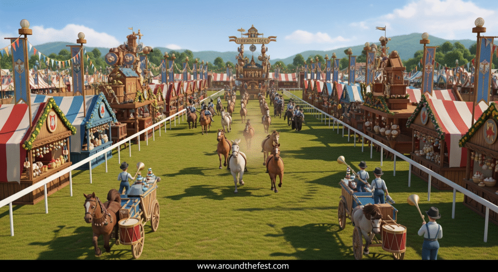 Oktoberfest History and Origin"Illustration of the first Oktoberfest horse races at Theresienwiese in 1810, with stalls, tents, parade floats, and musical instruments representing early festival traditions and public celebrations."