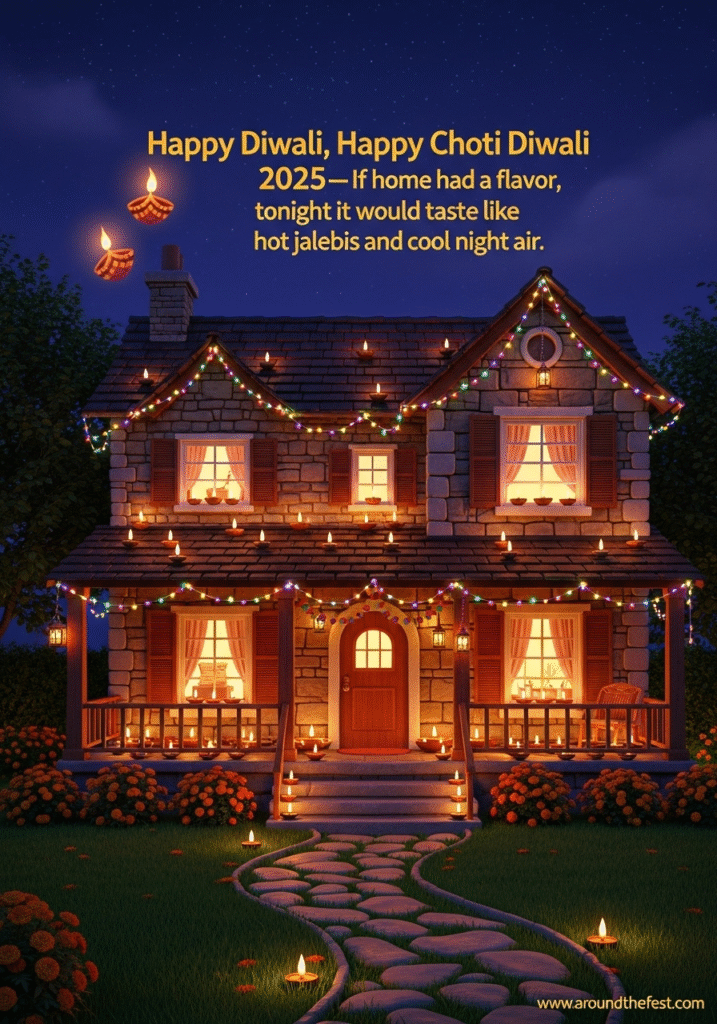 glowing diyas and lanterns in a warm, serene setting, symbolizing calm joy before the main Diwali celebration.
