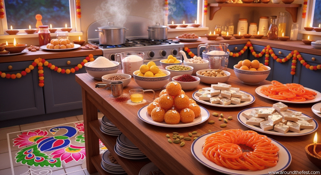 kitchen scene with measured ingredients, freshly made ladoos, kaju katli, and jalebis, decorated with clay diyas, marigold flowers, and rangoli pattern