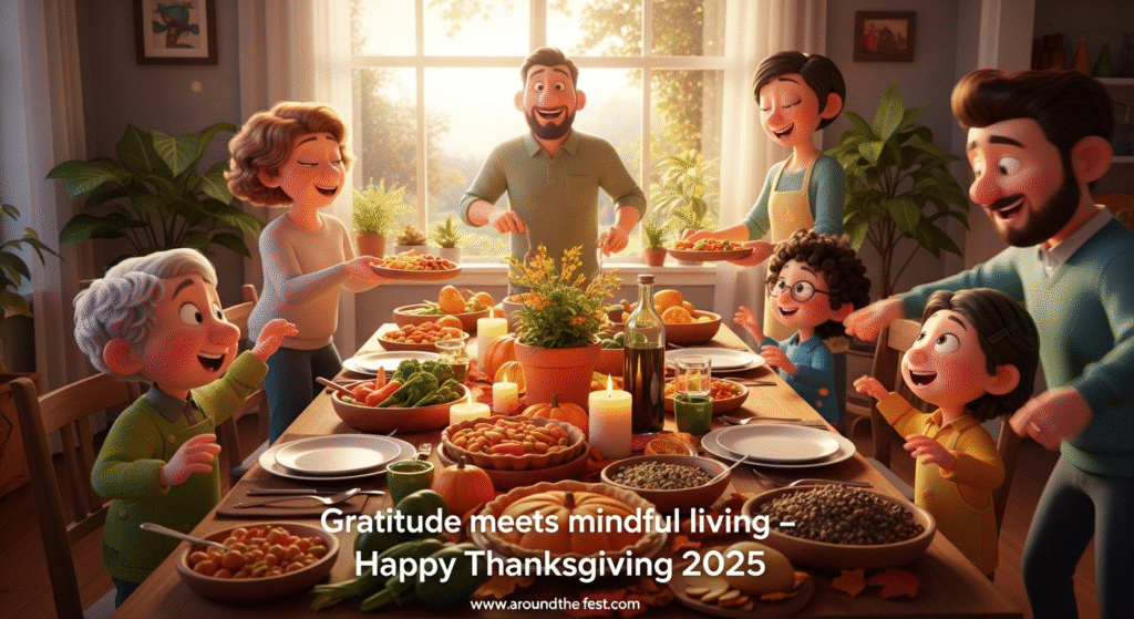 "Dynamic, photorealistic Thanksgiving 2025 scene showing a family preparing and enjoying a sustainable, tech-free meal with eco-friendly décor in a modern home."