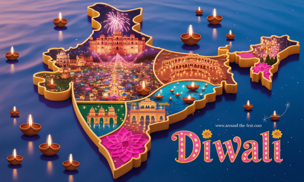 "Illustrated map of India decorated with Diwali lights, rangoli, fireworks, and diyas representing Jaipur, Udaipur, Varanasi, Mumbai, Delhi, Pondicherry, and Kumarakom