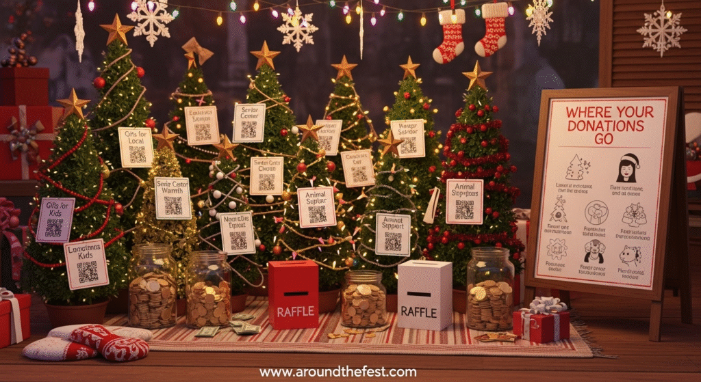 Decorated mini Christmas trees stand beside donation jars and QR code signs linking to local causes. Raffle boxes and cause descriptions are placed near each tree, creating a warm and transparent giving atmosphere at a Mini Festival of Trees fundraiser.