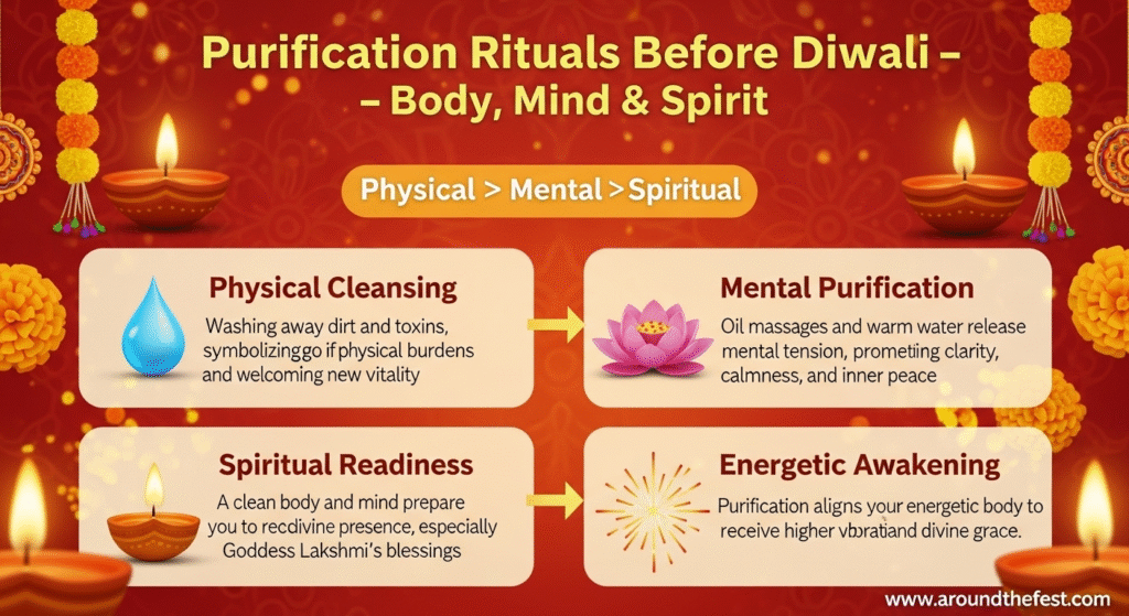 "Infographic illustrating the symbolism of Diwali purification rituals: Physical cleansing (water droplet) symbolizes letting go of toxins, mental purification (lotus flower) represents clarity and calmness, spiritual readiness (diyas) prepares the body and mind to receive Goddess Lakshmi’s blessings, and energetic awakening (radiating energy/chakra icon) aligns the body’s energies for higher vibrations. Warm golden Diwali colors and festive elements like marigolds and diyas create a serene, uplifting visual."