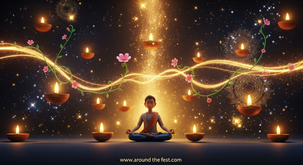 “Surreal illustration of a meditating figure surrounded by floating diyas and streams of golden light, symbolizing inner awakening, personal transformation, and the spiritual essence of Diwali.”