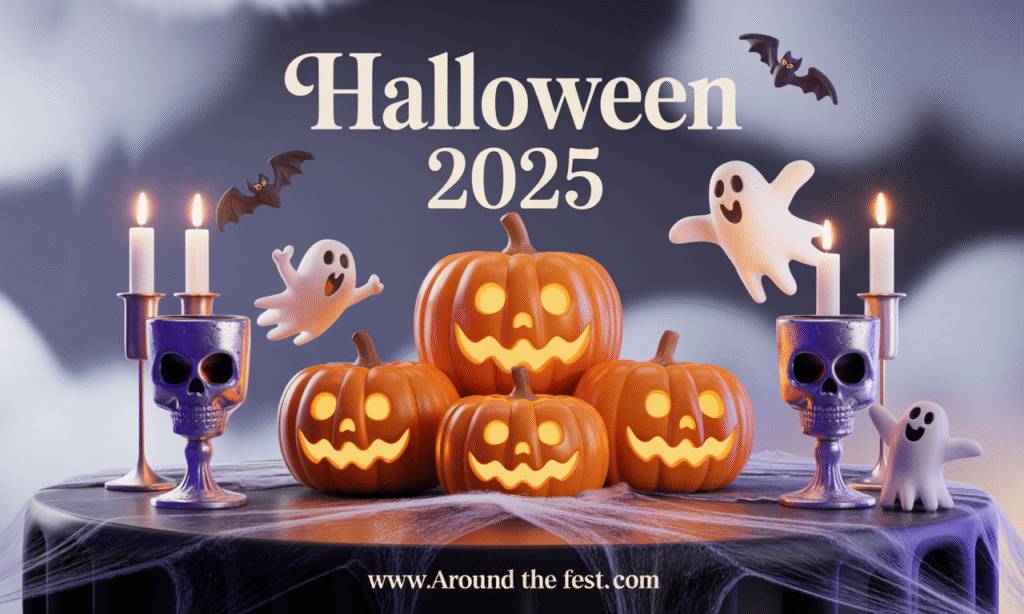 Elegant and interactive Halloween tabletop setup with skull goblets, glowing pumpkins, flickering candles, miniature ghosts, and cobweb accents for a spooky 2025 celebration."