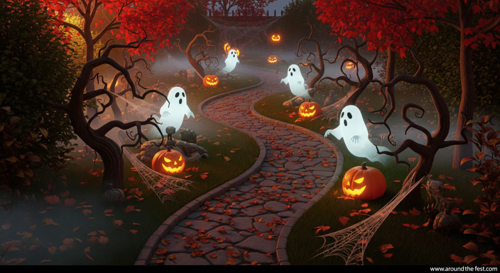 “Immersive Halloween 2025 garden path with motion-triggered ghosts, glowing pumpkins, fog, and spooky decorations for outdoor fun.”