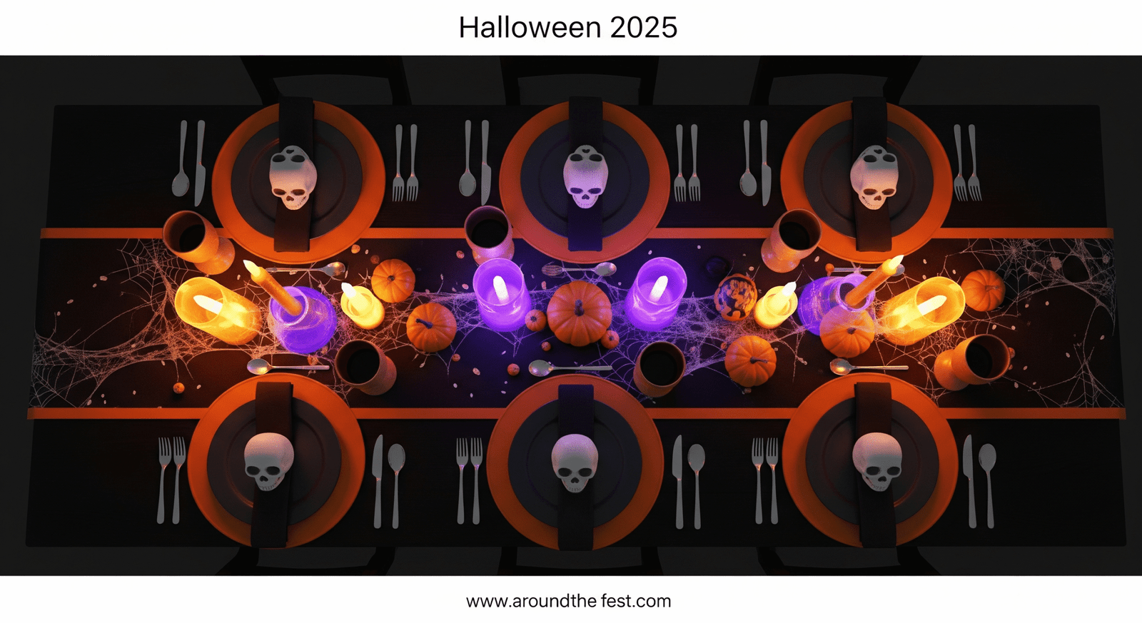 "Elegant Halloween 2025 tablescape with dark wood table, gothic skull goblets, themed runners and placemats, flickering LED candles, miniature pumpkins, cobweb accents, and atmospheric fog, creating a luxurious and spooky dining setting."