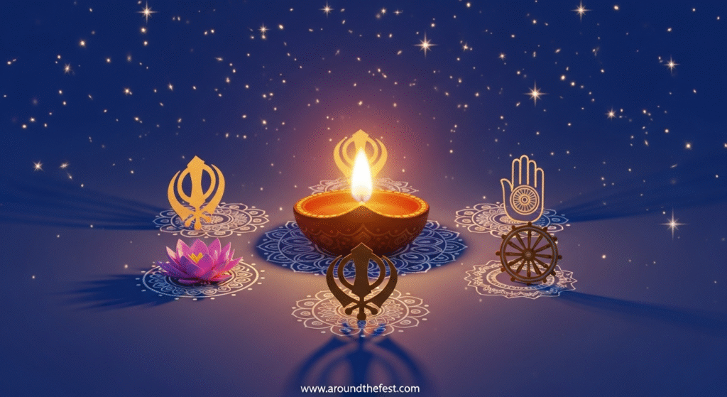 Diwali diya glowing at the center surrounded by symbols of Hinduism, Sikhism, Jainism, and Buddhism, symbolizing interfaith unity, hope, and inner illumination."