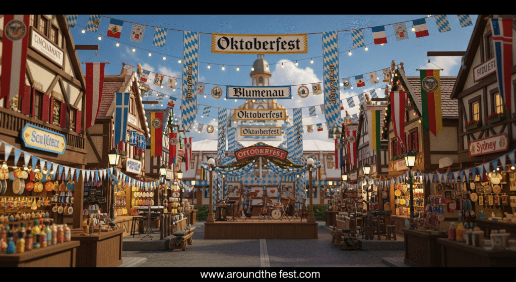 “Oktoberfest-inspired international celebrations featuring Bavarian-style beer tents, local decorations, and festival stalls in cities like Cincinnati, Blumenau, and Sydney.”