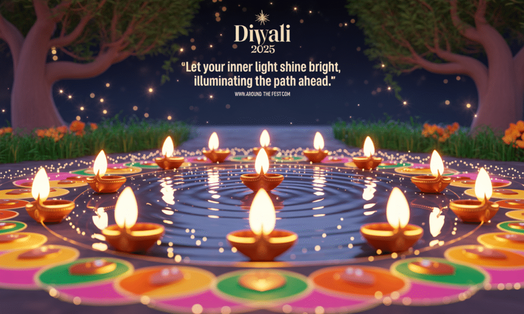“Illustration of glowing diyas, colorful rangoli, floating petals, and golden light rays, symbolizing the spiritual meaning of Diwali and inner awakening.”