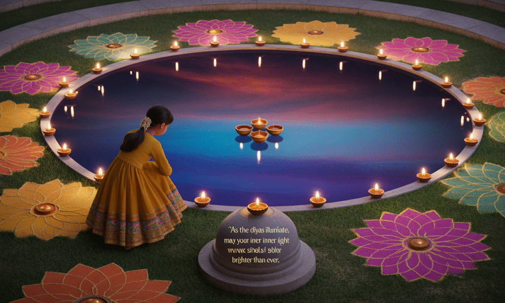 “Illustration of glowing diyas, colorful rangoli, floating petals, and golden light rays, symbolizing the spiritual meaning of Diwali and inner awakening.”