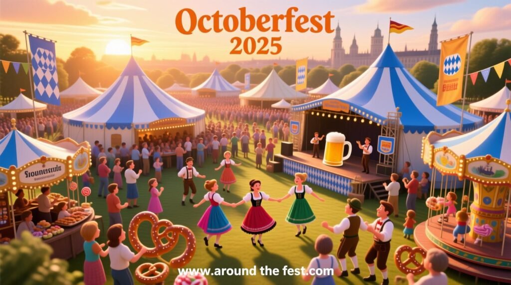 "Oktoberfest 2025 Munich travel poster with beer tents, Ferris wheel, Bavarian flags, and key festival dates."