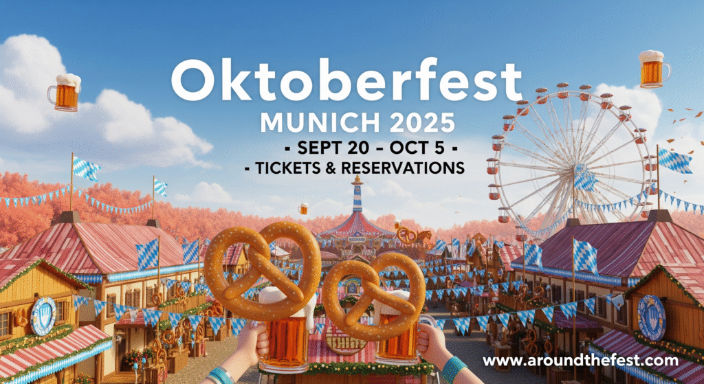 "Oktoberfest 2025 Munich travel poster with beer tents, Ferris wheel, Bavarian flags, and key festival dates."