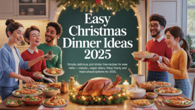 Easy Christmas dinner ideas 2025 – festive holiday kitchen and table with friends and family enjoying a mix of classic, vegan, and allergy-friendly recipes. The scene features cozy lighting, pine branches, twinkling lights, and candles, symbolizing the joy, inclusivity, and simplicity of holiday cooking, with easy, tasty recipes for every gathering.