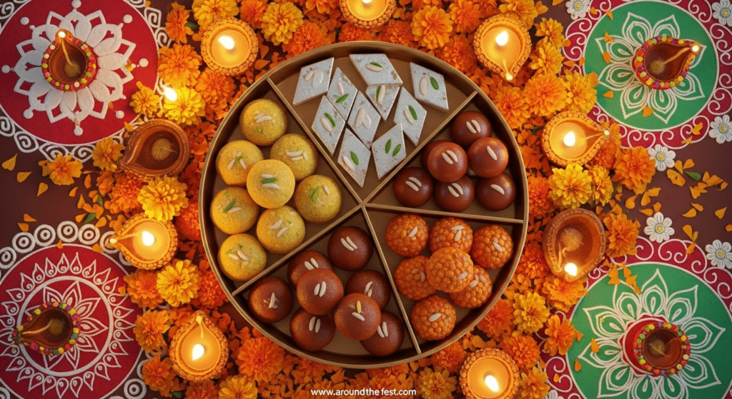 A vibrant flat lay of traditional Indian sweets for festivals, featuring Besan Ladoo, Kaju Katli, Gulab Jamun, and Motichoor Ladoo beautifully arranged with marigold flowers, diyas, and rangoli. Perfect inspiration for festive dessert recipes and celebrations in India."