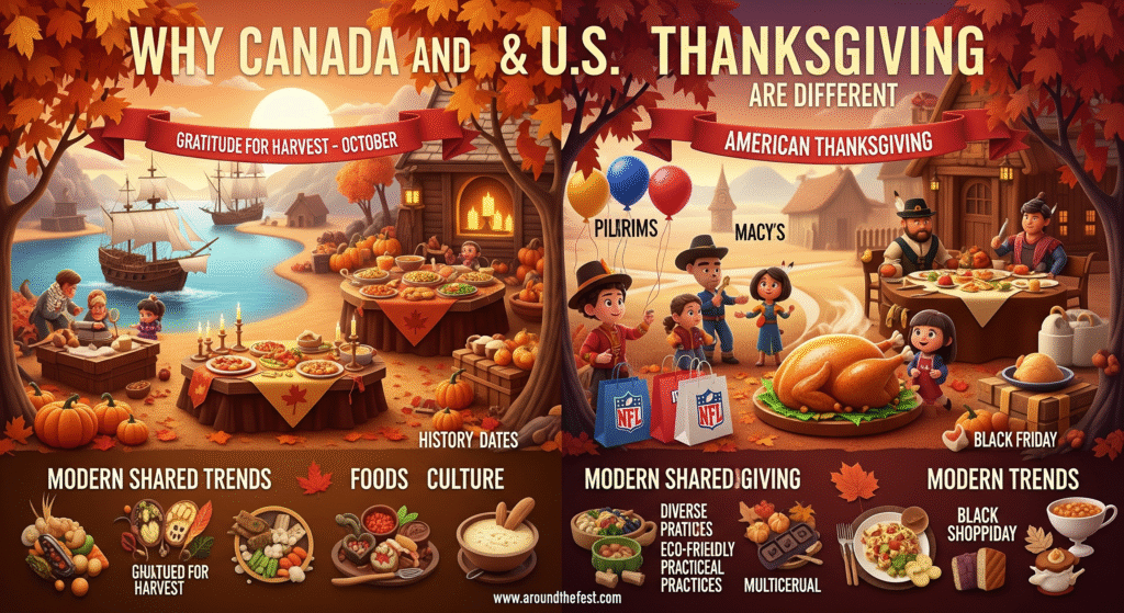  infographic: history, foods, traditions & modern trends in cozy autumn style."