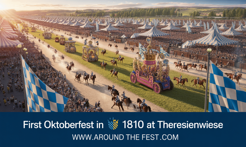 Oktoberfest History and Origin"Vintage-style illustration of the 1810 Oktoberfest at Theresienwiese with horse races, parade floats, and tents celebrating the royal wedding of Crown Prince Ludwig and Princess Therese, highlighting early Bavarian festival traditions."