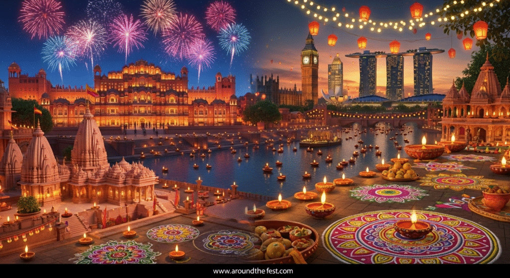 "Celebrate Diwali 2025 – Festival of Lights with glowing diyas arranged in patterns, colorful rangoli designs, sparkling fireworks in the night sky, decorated temples and streets illuminated with lanterns, and festive sweets — showcasing top Diwali destinations in India and abroad."