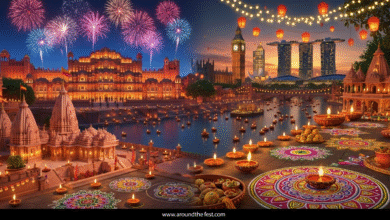 "Celebrate Diwali 2025 – Festival of Lights with glowing diyas arranged in patterns, colorful rangoli designs, sparkling fireworks in the night sky, decorated temples and streets illuminated with lanterns, and festive sweets — showcasing top Diwali destinations in India and abroad."