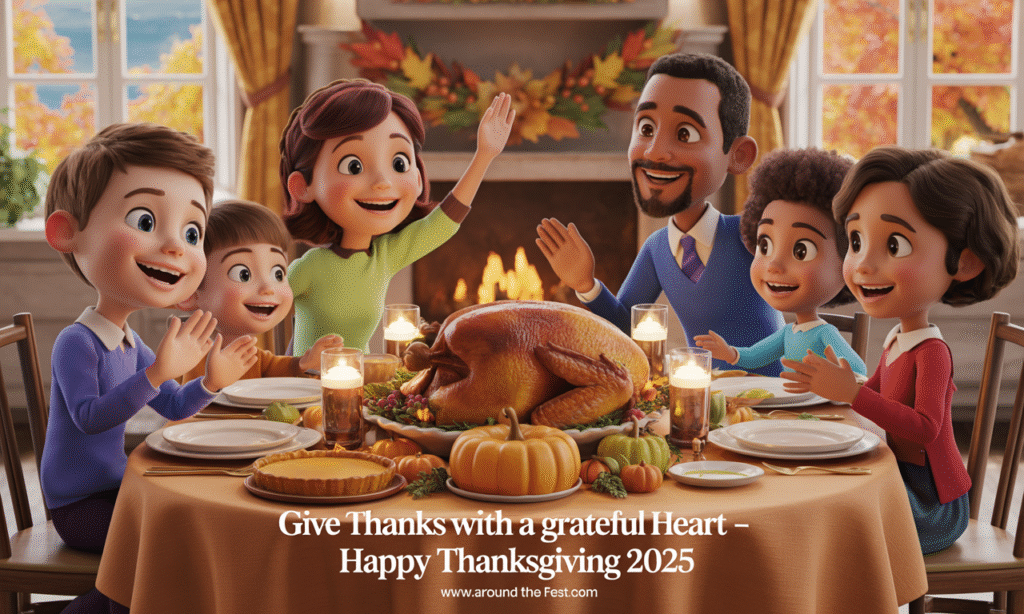 "Happy Thanksgiving Day 2025 in the USA with families gathered around a festive autumn dinner table filled with roast turkey, pumpkin pie, and cozy fall decorations."