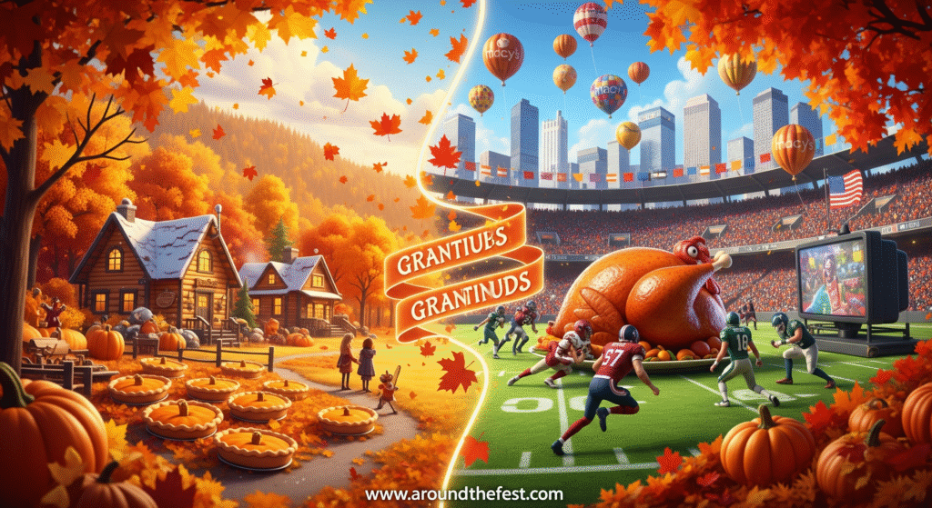 Creative split-scene illustration showing Canadian harvest traditions and US parade and football celebrations”