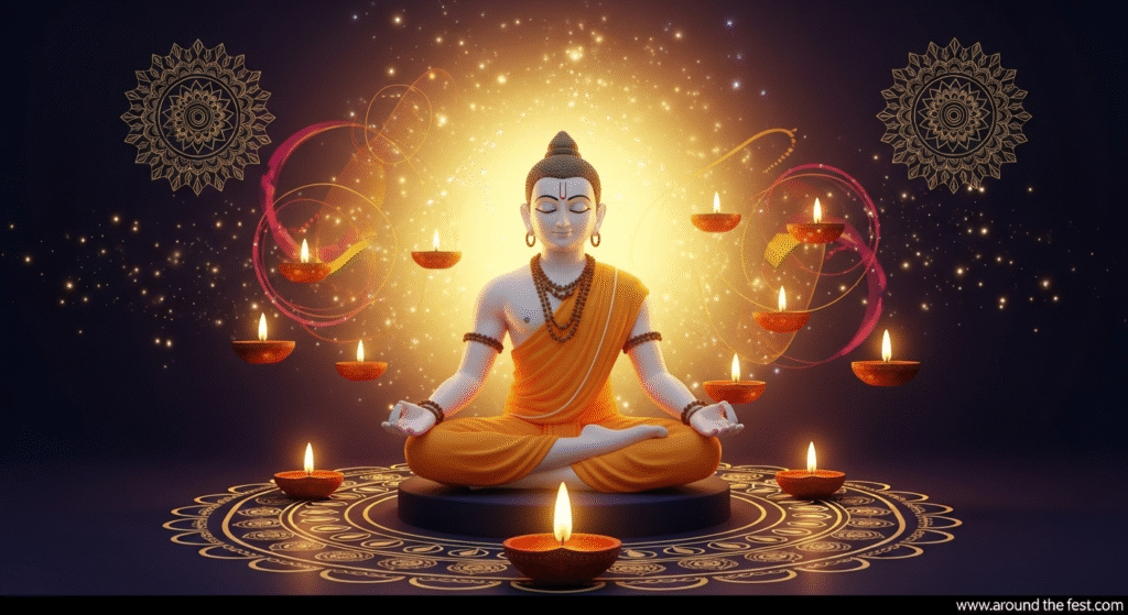 illustration of Lord Mahavira meditating with glowing diyas and rangoli, symbolizing moksha, spiritual enlightenment, and Jain values of non-violence and truthfulness."