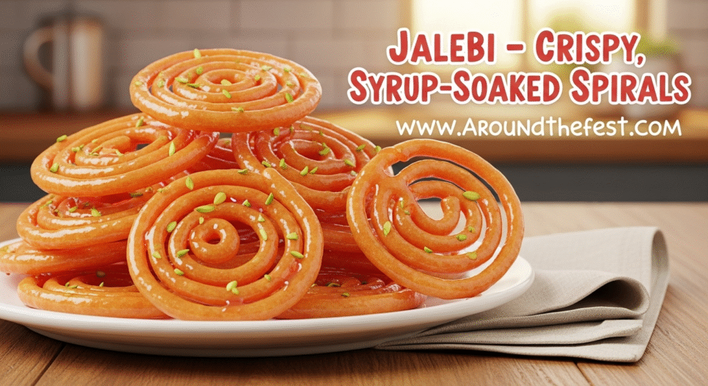 Close-up of freshly made golden jalebi spirals soaked in sugar syrup, served on a brass plate with pistachio garnish, perfect for Indian festival desserts"