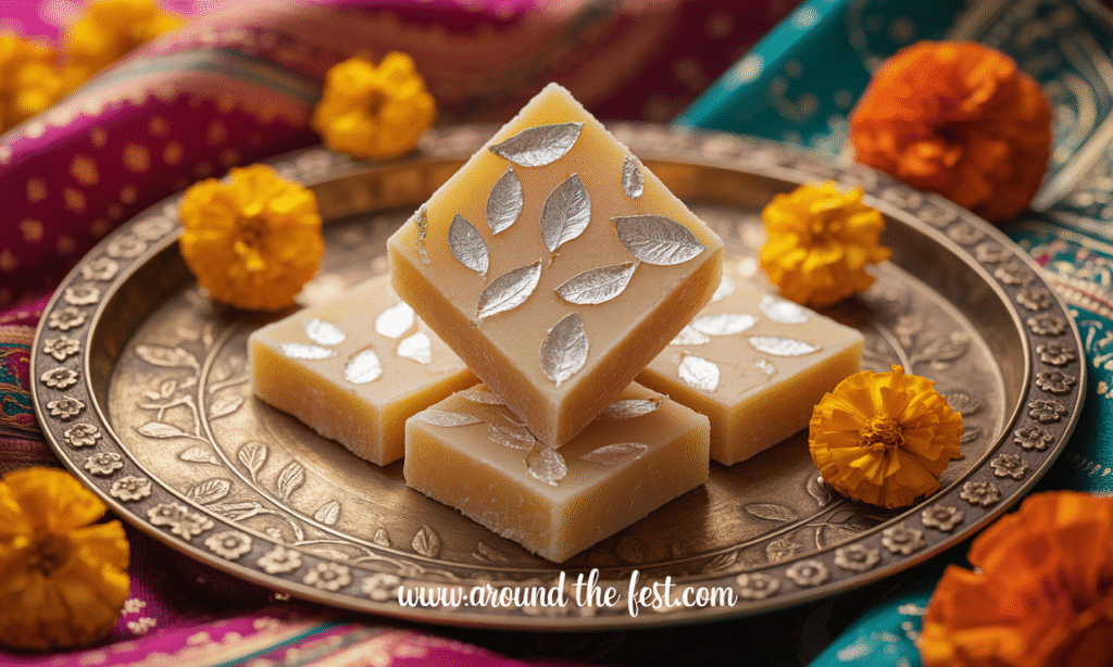 "Rich and creamy Kaju Barfi made with ground cashews and sugar syrup, topped with edible silver leaf, served on a brass plate with marigold flowers for Diwali, weddings, and festive gifting."
