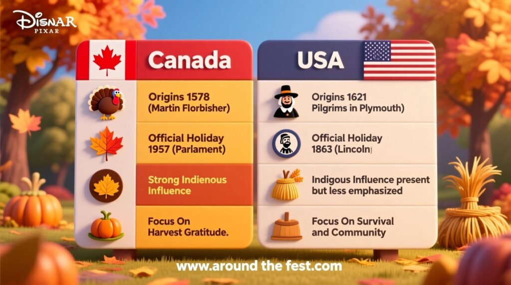 Infographic comparison table of Canada vs USA Thanksgiving history. Canada side shows origins in 1578 with Martin Frobisher, official holiday in 1957 by Parliament, strong Indigenous influence, and focus on harvest gratitude. USA side shows origins in 1621 with the Pilgrims in Plymouth, official holiday in 1863 by Lincoln, Indigenous influence present but less emphasized, and focus on survival and community. Illustrated with autumn colors, icons of turkey, maple leaves, Pilgrims, and harvest produce.”