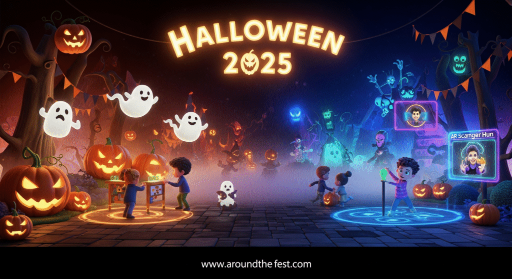 “Halloween 2025 setup with separate kid and adult zones, featuring playful pumpkins, mini-games, fog effects, and animatronic props.”