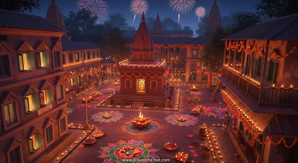 Kolkata Diwali 2025 with Kali Puja celebrations, oil lamps, candles, fireworks, rangoli, and festive Bengali decorations, spiritual and lively, no humans present."