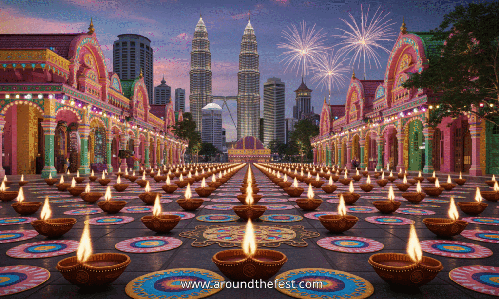 Kuala Lumpur, Malaysia during Diwali 2025, streets of Little India and Brickfields adorned with thousands of glowing diyas and vibrant festival lights. Detailed rangoli patterns on pavements, temples and shops decorated with traditional Indian motifs, subtle evening fireworks illuminating the skyline, rich warm and colorful tones, cinematic and high-detail view, festive, serene, and culturally immersive atmosphere, no people present, capturing the essence of Malaysia’s Deepavali celebrations."