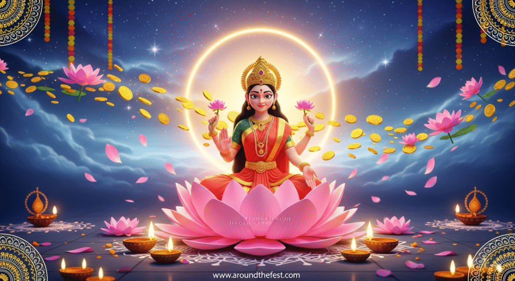 Goddess Lakshmi seated on a radiant lotus with golden coins flowing from her hands, surrounded by diyas, lotus petals, and a glowing Diwali night sky — a divine symbol of wealth, wisdom, and prosperity. Perfect representation of Lakshmi Puja during Diwali celebrations.”