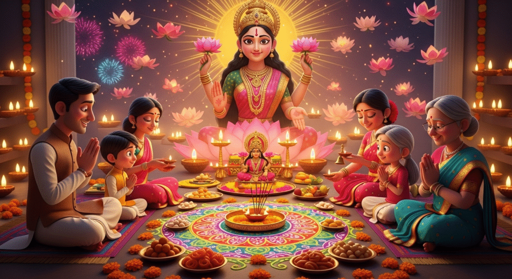 “Lakshmi Puja and five days of Diwali with Goddess Lakshmi, diyas, rangoli, and spiritual meaning of wealth, harmony, and renewal.”