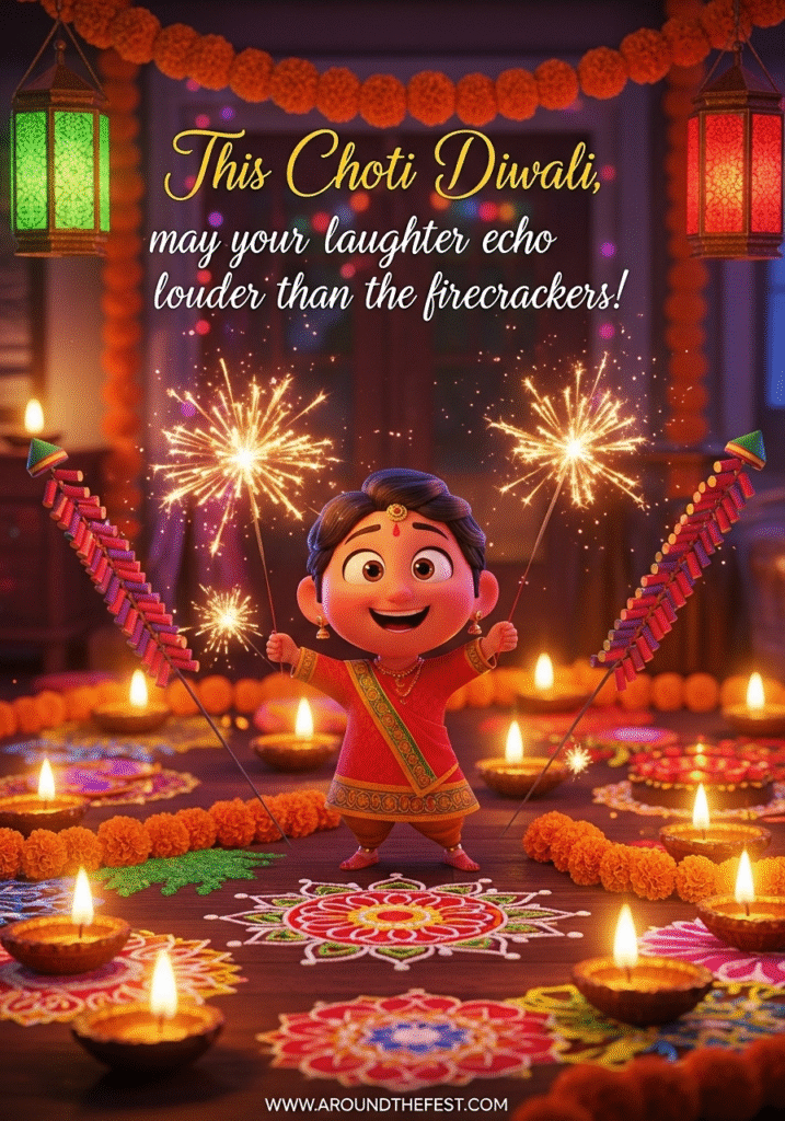 Friends laughing outdoors with subtle fireworks – “This Choti Diwali, may your laughter echo louder than the firecrackers!”